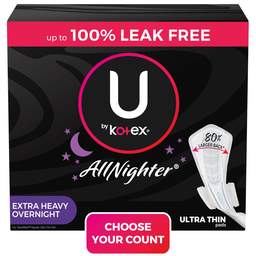 U by Kotex AllNighter Extra Heavy Overnight Pads with Wings, Ultra Thin