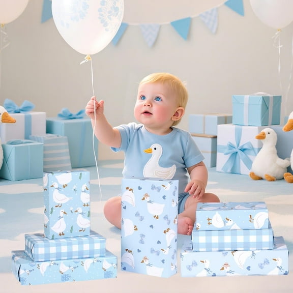 12 Sheet Pink Blue Goose Wrapping Paper Goose Theme Gift Wrap Paper Folded Flat Farm Animals Art Paper for Birthday Baby Shower Party Gift Packing DIY Craft, 19.7 x 27.6 Inch