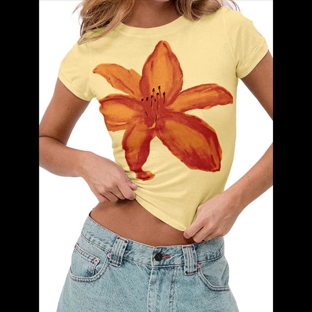 Camiseta de Corta para con Estampado Floral Y2K para Mujer, Top Corto Ajustado con Cuello Redondo. Amarillo XL