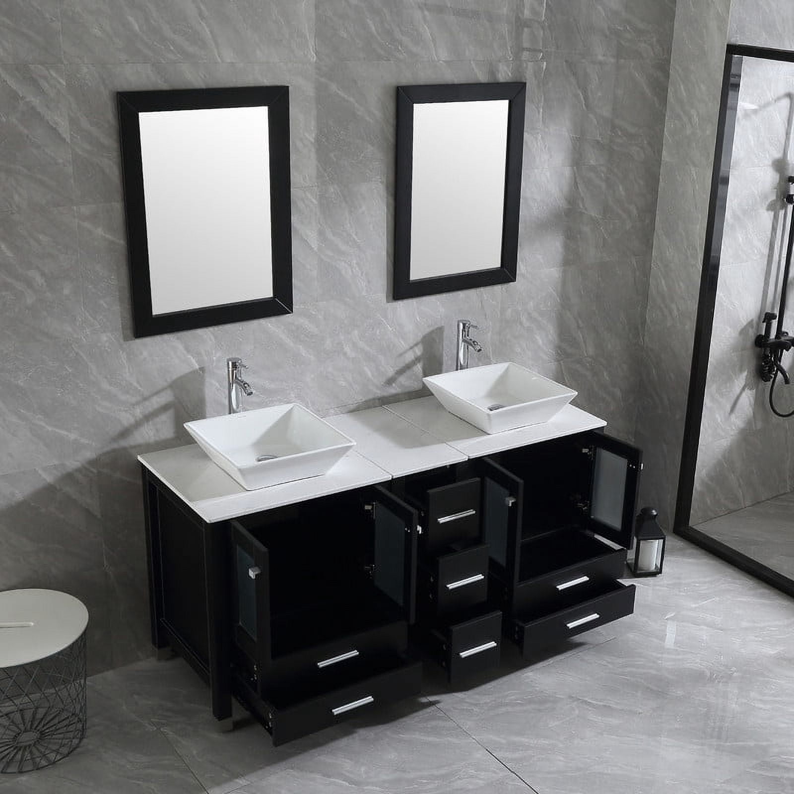 Walsport Bathroom Vanity,60" Stand Pedestal Bathroom Cabinet Top Square Ceramic Vessel Sink Faucet Drain Combo with Mirror Vanities Set,Black