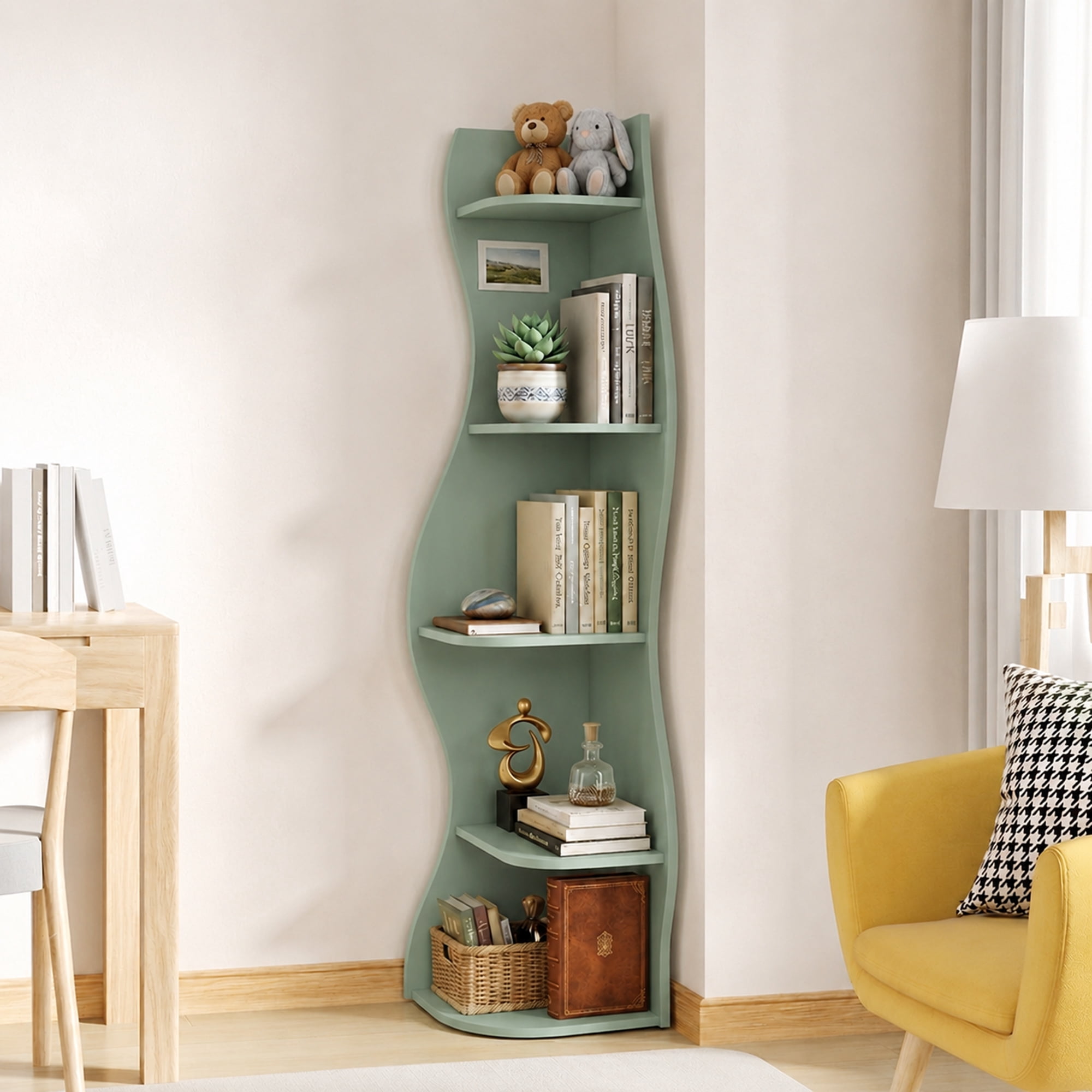 Leumius 5-Tier Bookshelf,Freestanding S-Shaped Corner Shelf Curved Display Rack,Space-Saving Corner Display Bookshelf/Plant Stand for Living Room Home Office,Sage Green