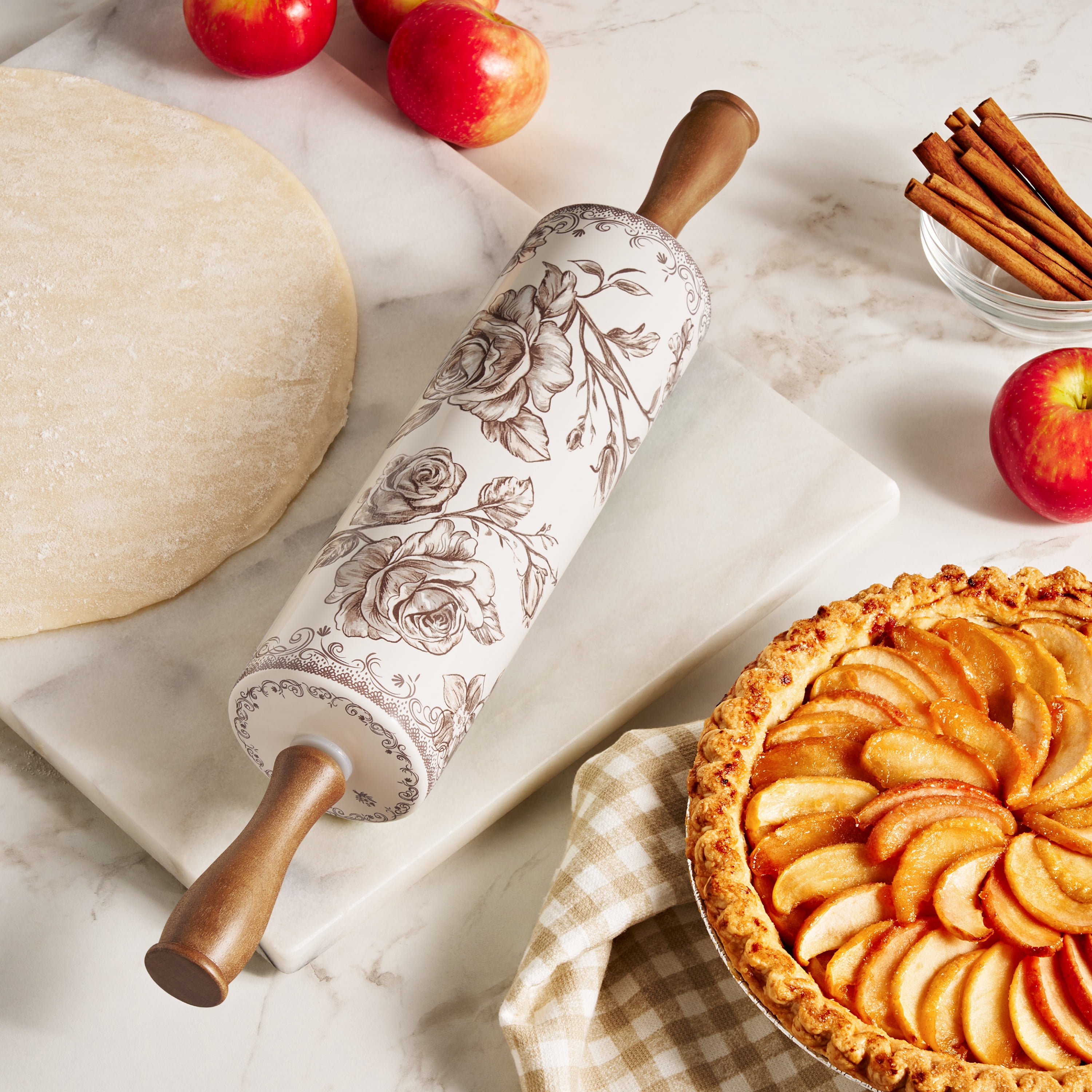 The Pioneer Woman Agatha Ceramic Rolling Pin with Wood Handles, Brown