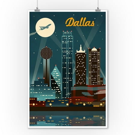 Dallas, Texas - Retro Skyline - Lantern Press Artwork (9x12 Art Print, Wall Decor Travel (Best View Of Dallas Skyline)