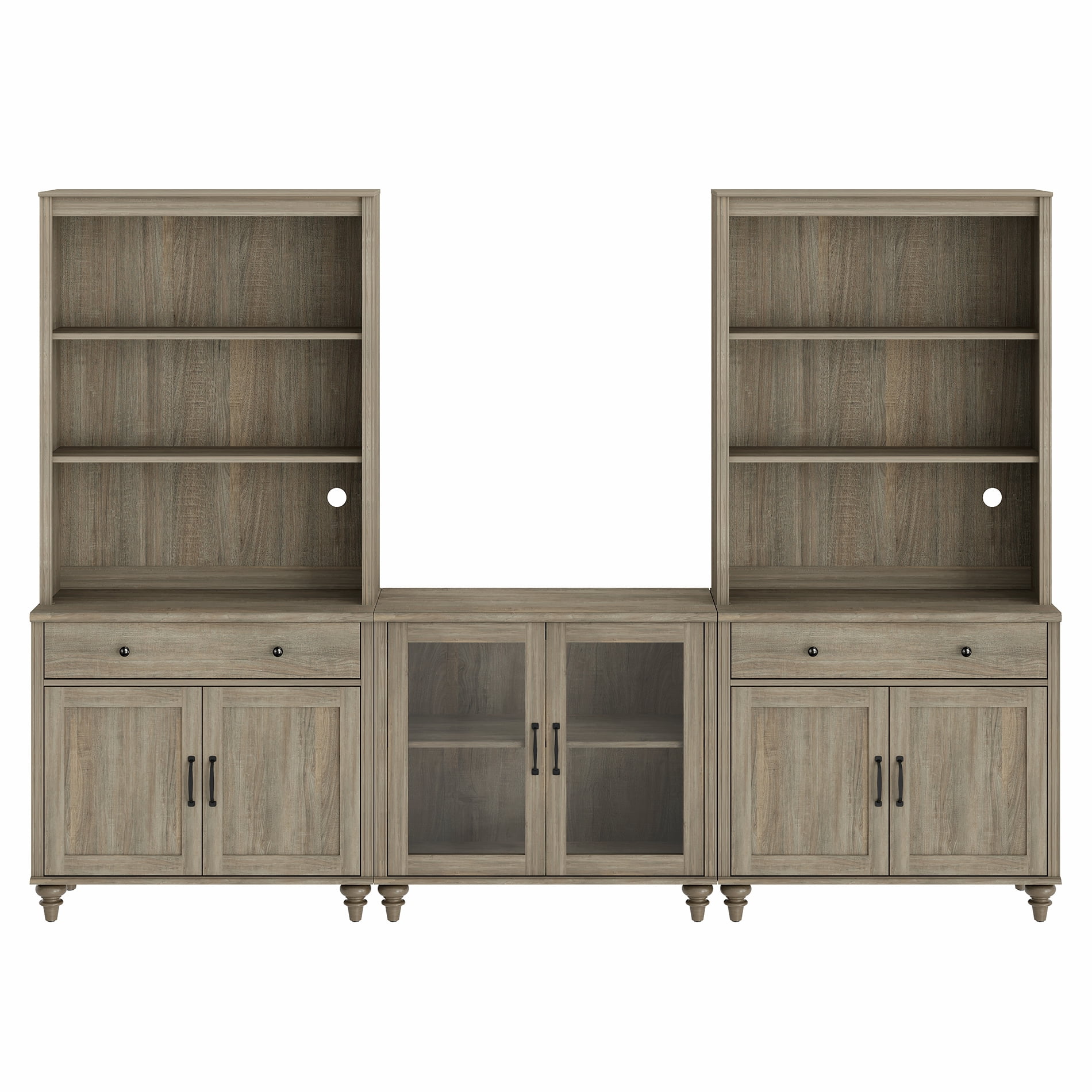 Farmhouse Bookcase With Doors & Drawers, Wash Gray, 101.6" W