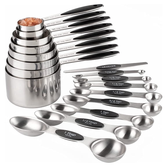 Measuring Cups and Spoons Set, 17-Piece Stainless Steel Magnetic Double-Headed Spoons with Engraved Measurements and Leveler for Cooking & Baking