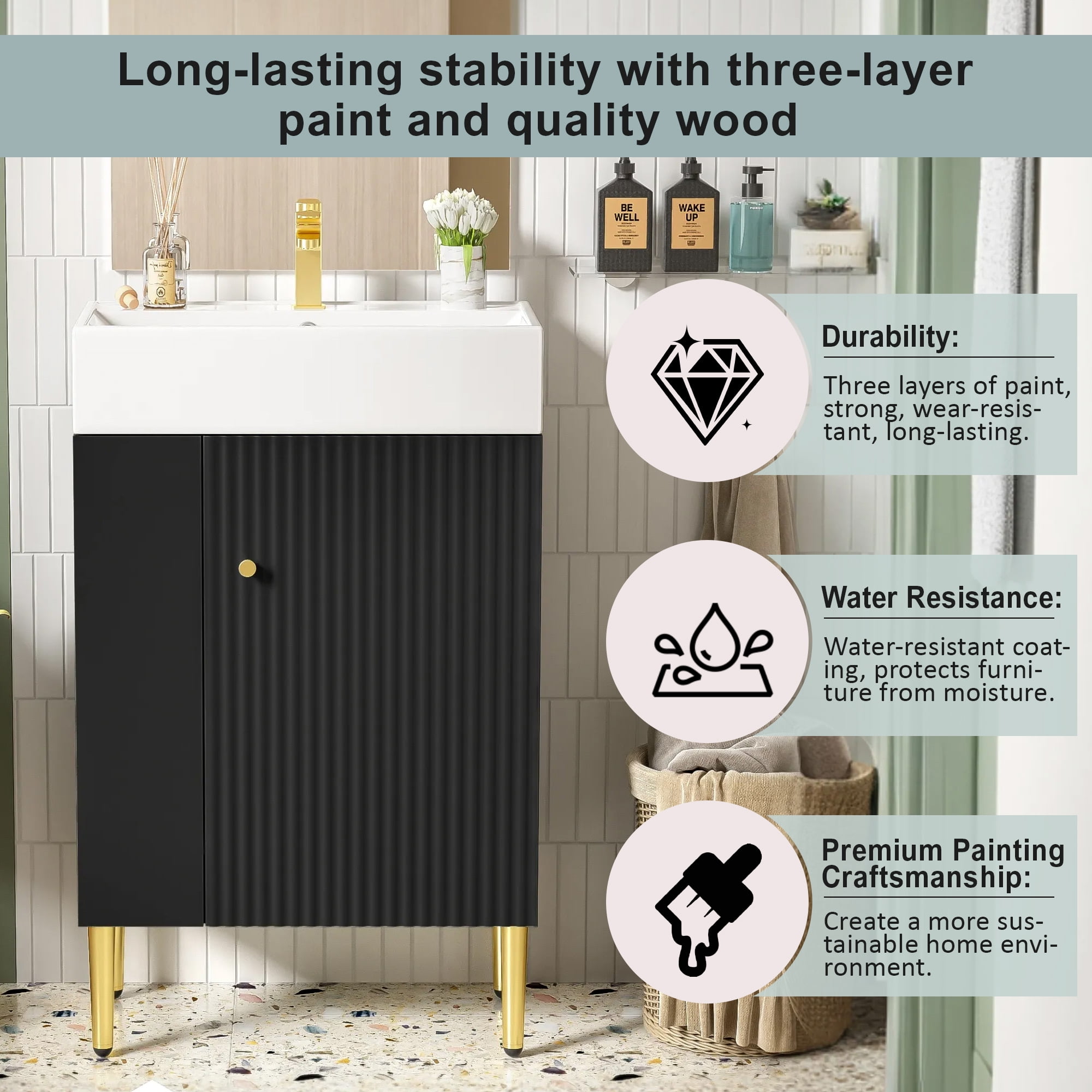 Euroco 21.6" Black Bathroom vanity, Combo Cabinet, Bathroom Storage Cabinet, Single Ceramic Sink, Left side storage