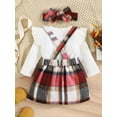 thumbnail image 5 of Baby Girls Autumn Clothes Set 6M 12M 18M 24M 3Y 4Y Kids Ruffle Long Sleeve Ribbed Romper Tops + Plaid Suspender Skirt + Headband Toddler Outfits, 5 of 10