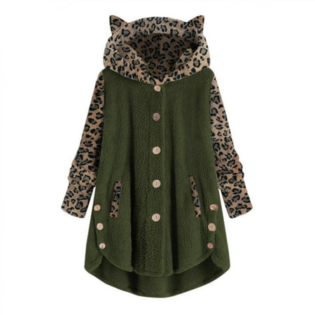 

Women s Plus Size Hooded Pullovers Coat-Button Up Leopard Print Long- Sleeves Patchwork Cartoon Cat Sweaters Pajamas