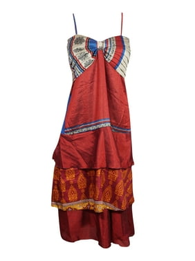 Mogul Women Red Recycle Sari Dress Ruffle Strappy Printed Beach Summer Dresses S/M
