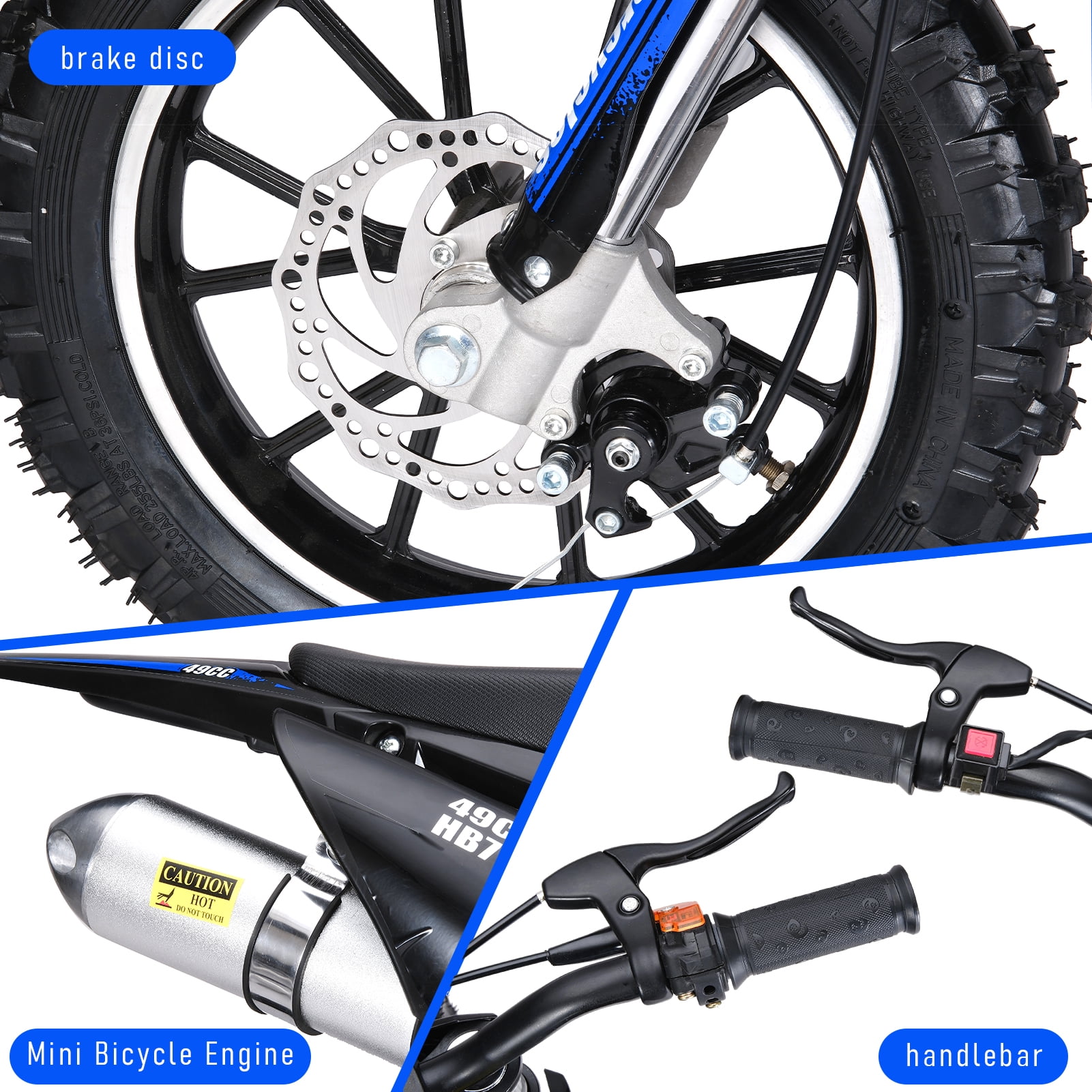 Fompes Mini Gas Bike, Off-Road Dirt Bike, Gas Powered 2-Stroke Pocket Bike with Front Rear Disc Brakes, Shock Absorption, Easy Pull Start, Speed Up to 25 Mph, Blue