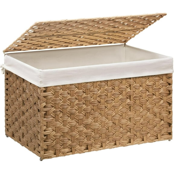 Wicker Storage Basket with Lid,  Large Blanket Basket with Lid, Woven Storage Bin with Handles, Removable Liner, Metal Frame