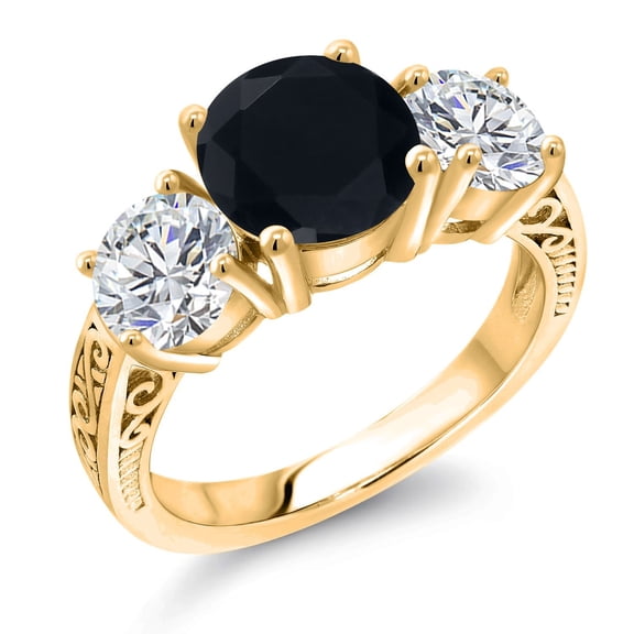 Gem Stone King 18K Yellow Gold Plated Silver Black Onyx and Lab Grown Diamond Engagement Ring for Women | 3.13 Cttw | Round 8MM | Gemstone December Birthstone | Size 7