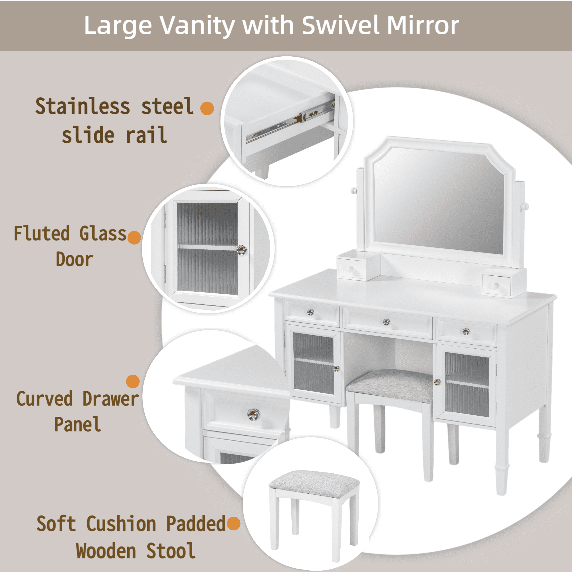 MODERNLUXE Makeup Vanity Desk with Mirror,Dressing Table Set with 5 Drawers, 2 Cabinets and Stool,Space-Saving Beauty Station for Bedroom,White