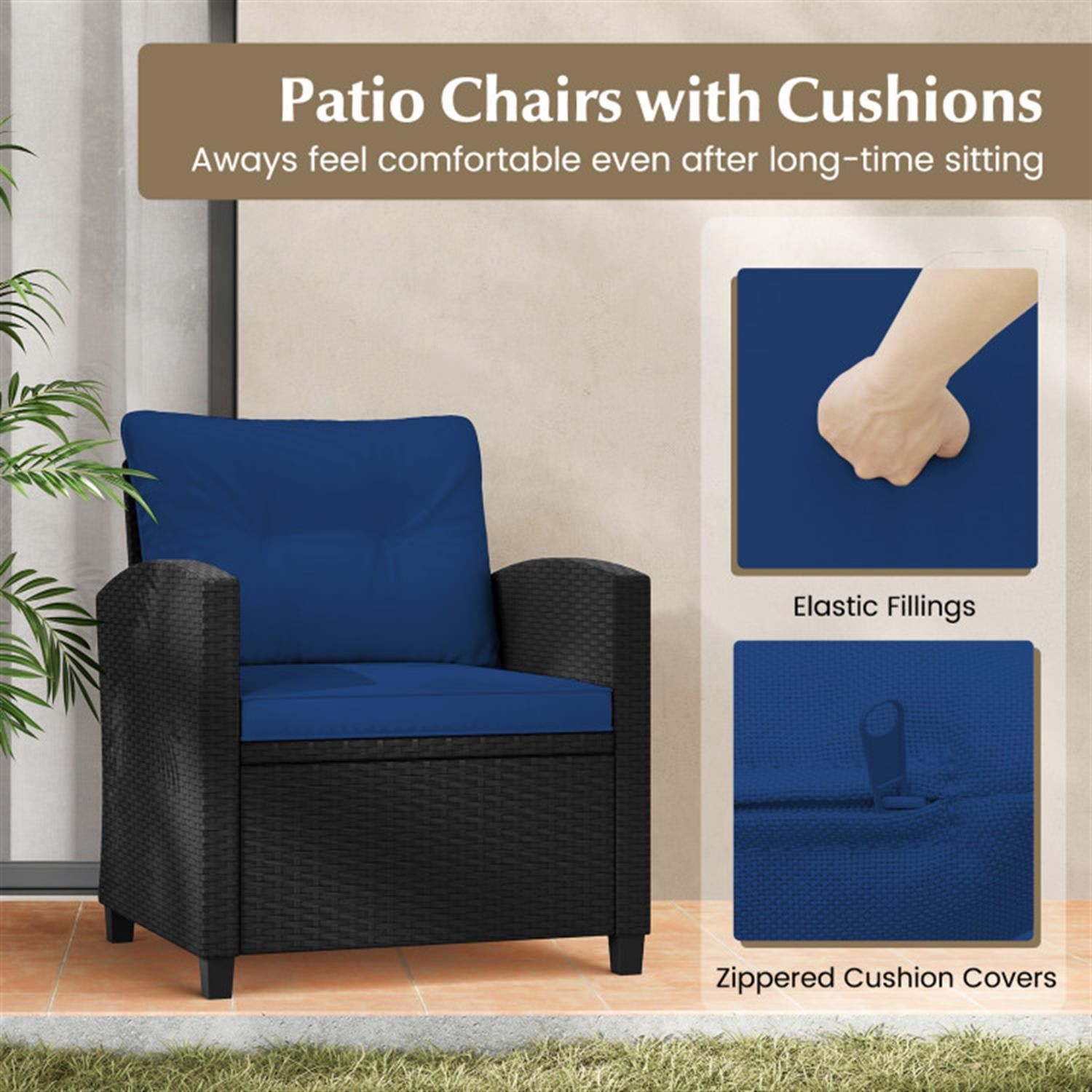 Demi Bonn 3 Pieces Rattan Patio Furniture Set with Washable Cushion, Conversation Armchairs for Garden Poolside Balcony, Navy