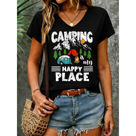 Camping Is My Happy Place Funny Camper V Neck T-Shirt Cotton Women's V Neck Graphic Tee, Casual Short Sleeve Shirt,Vacation Outfit