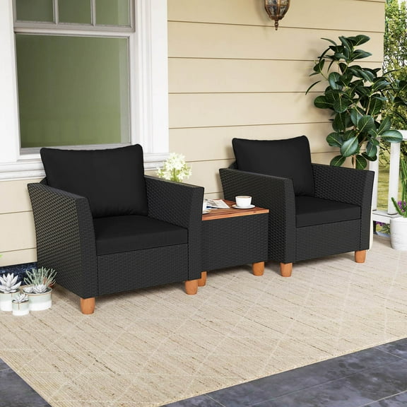 Costway 3PCS Outdoor Patio Rattan Furniture Set Wooden Table Top Cushioned Sofa Black