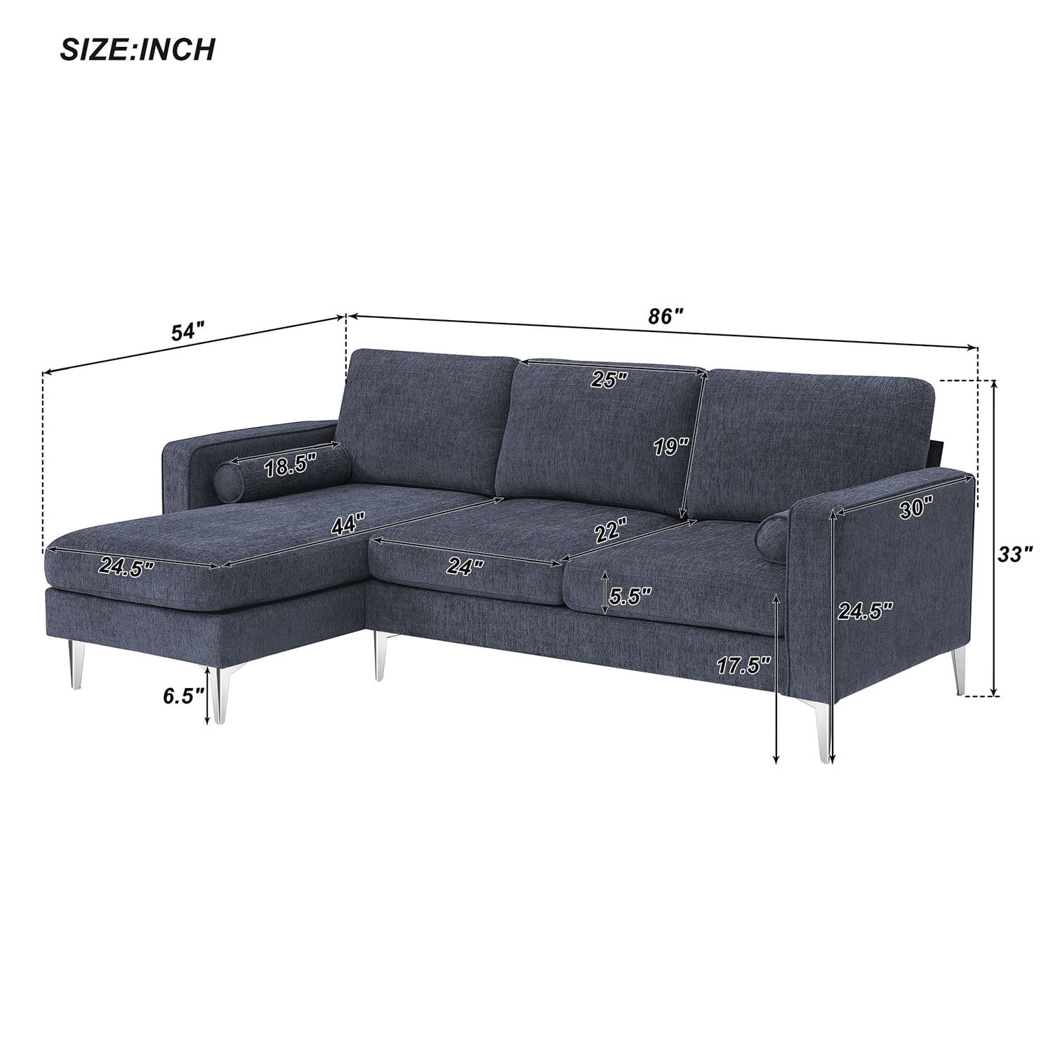 Kadyn 86" Convertible Sectional Sofa, Modern Chenille Fabric Sofa with Reversible Chaise and 2 Pillows, L-Shaped 3-Seat Sofa for Apartment, Blue+Grey