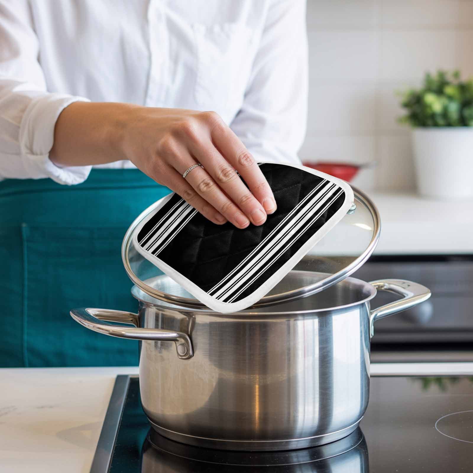 Black Striped Pot Holders for Kitchen Heatproof Potholder, 5 Pack Farmhouse Black White Stripes Hot Pads Multipurpose Oven Pads Cloth Potholders Trivet for Cooking Baking