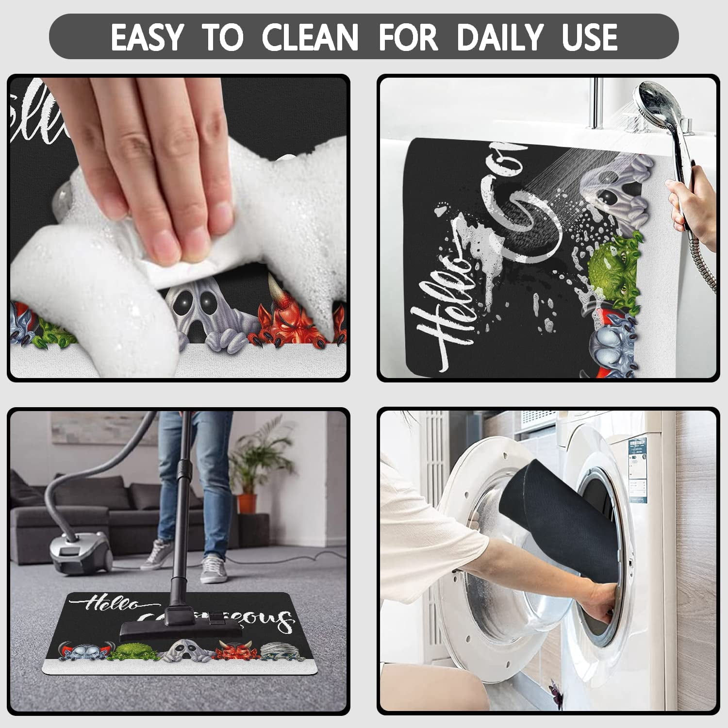Funny Monsters Bath Mat 20"x32" Non Slip Quick Dry Super Water Absorbent Bathroom Floor Mat Black and White Thin Bathroom Rug Fit Under Door