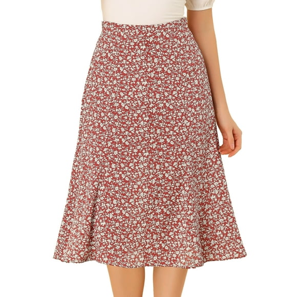 Women's Peasant Elastic Waist A-Line Midi Leave Print Skirt Red White M