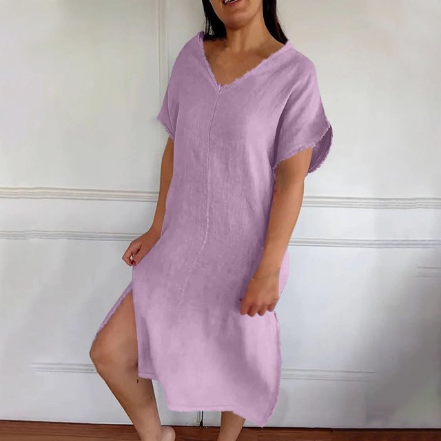 Ndbuld Robes d'Été pour Filles Mode Robe d'Été Décontractée pour Femmes Col en V Manches Courtes Unie Robe de Plage Robe à Fente Liquidation à Moins de 5 $