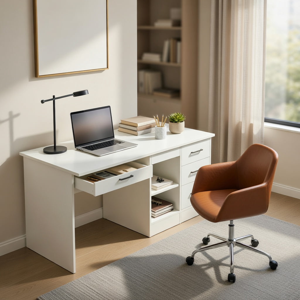 Topcobe Study Laptop Table with Drawer and Keyboard Tray, Desks for Bedrooms, Ideal for Working and Studying, White