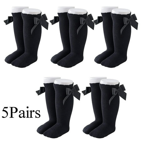 

5 Pairs Knee High Socks Bowknot Ruffle Long Socks for Newborn Toddlers Black (1-3Year)