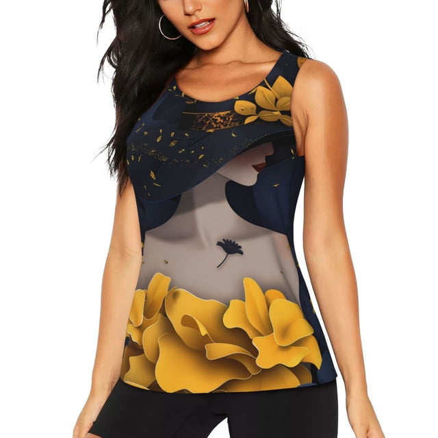 Balery Elegant Lady With Hat Camiseta sin mangas estampada ligera para mujer, tops de entrenamiento sin mangas, camisetas de yoga transpirables de secado rápido.-Large