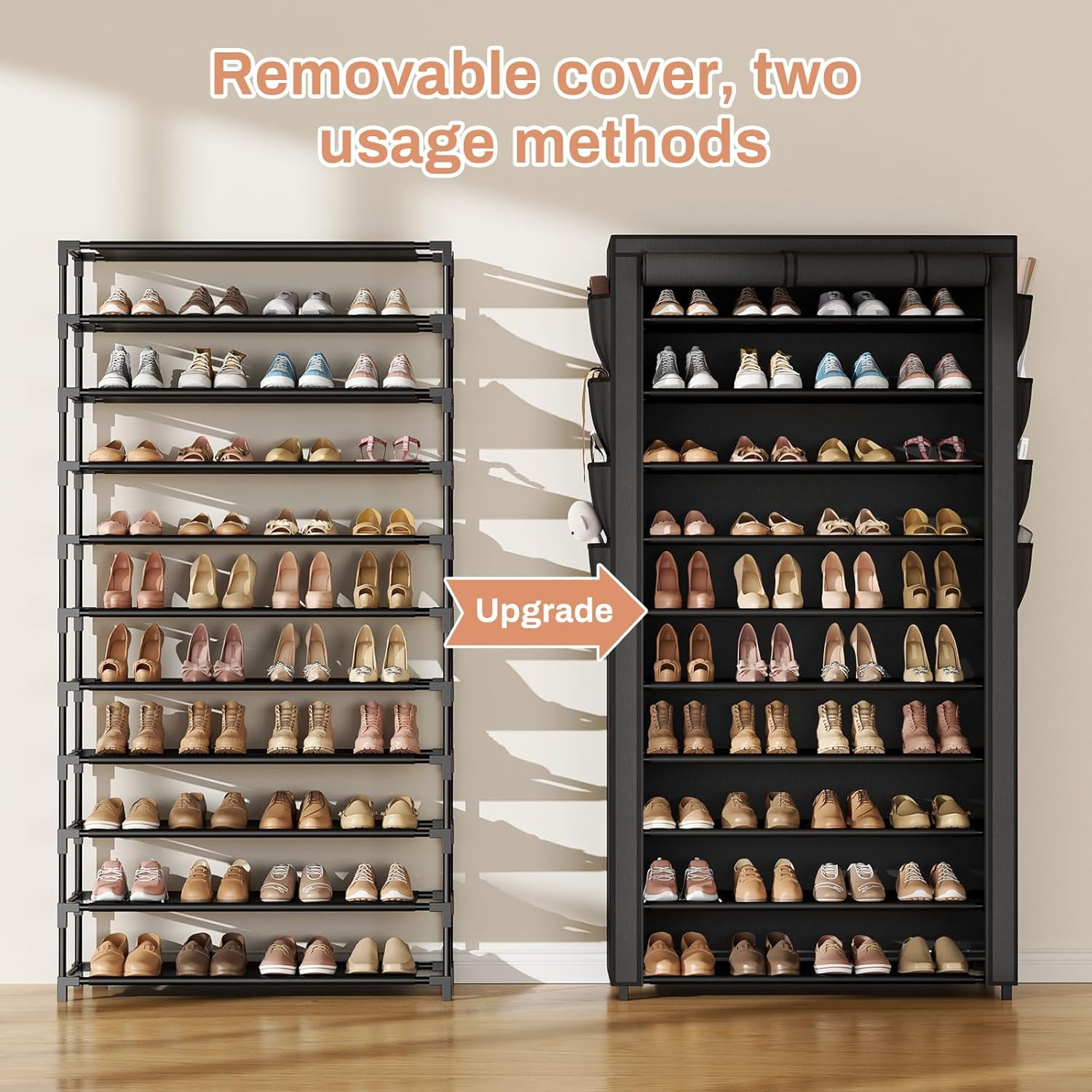 Tall Shoe Rack with Cover, 10 Tier Shoe Organizer Storage for 50-55 Pairs Shoes and Boots Large Capacity Shoe Shelf with 8 Pockets Free Standing Shoe Rack for Closet, Entryway, Garage