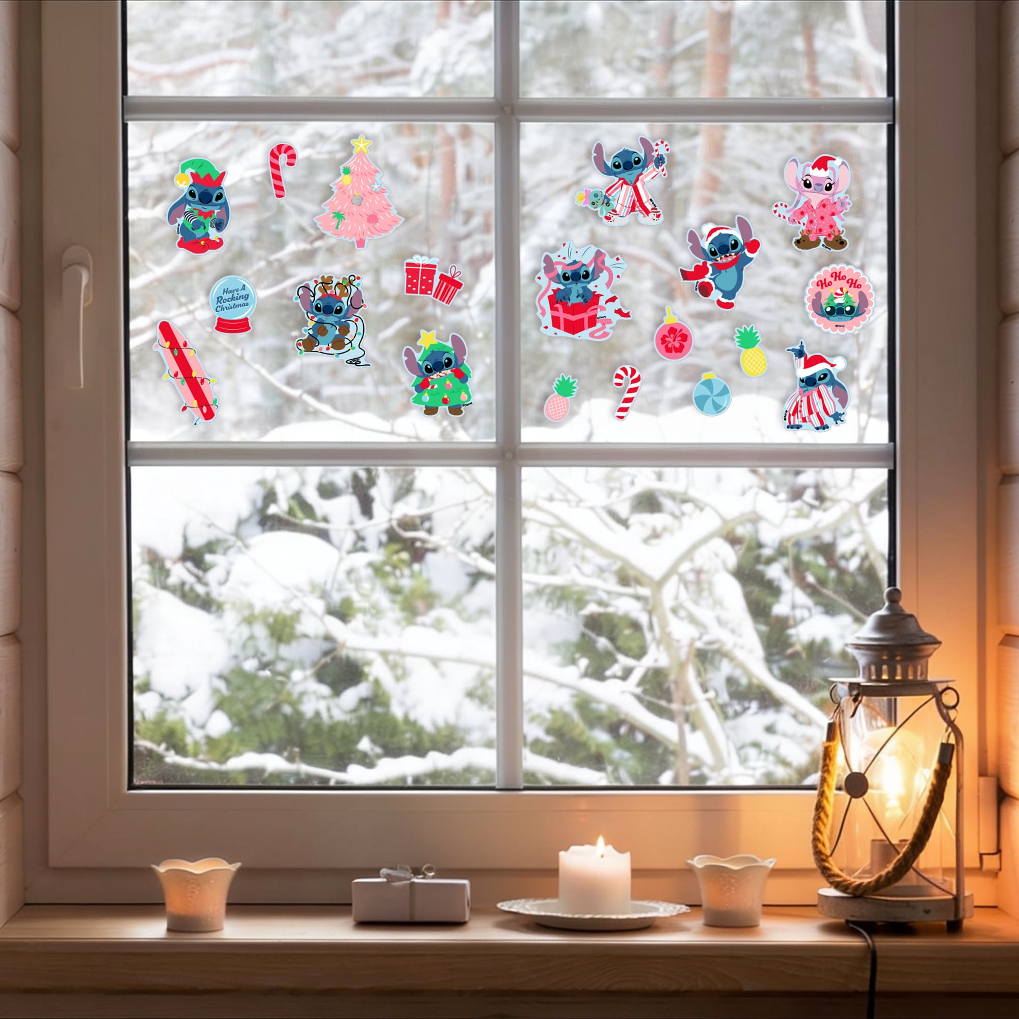 Disney Stitch & Angel Christmas Window Clings, 19‑Piece Holiday Static Window Decorations – Festive Stitch Designs