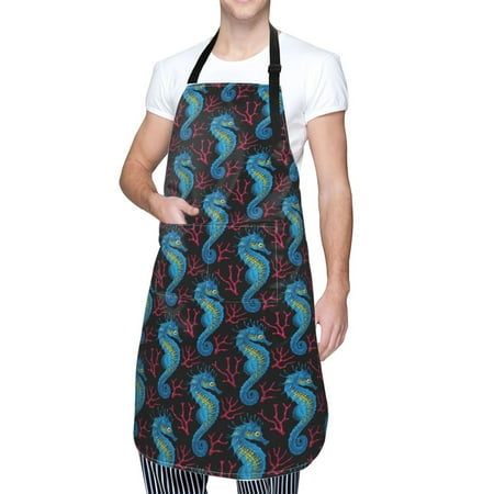

Cauagu Blue Seahorse Aprons with Pockets Waterproof Apron for Women Kitchen Cooking Apron Adjustable Bib Aprons Chef Apron for Cooking Drawing Crafting