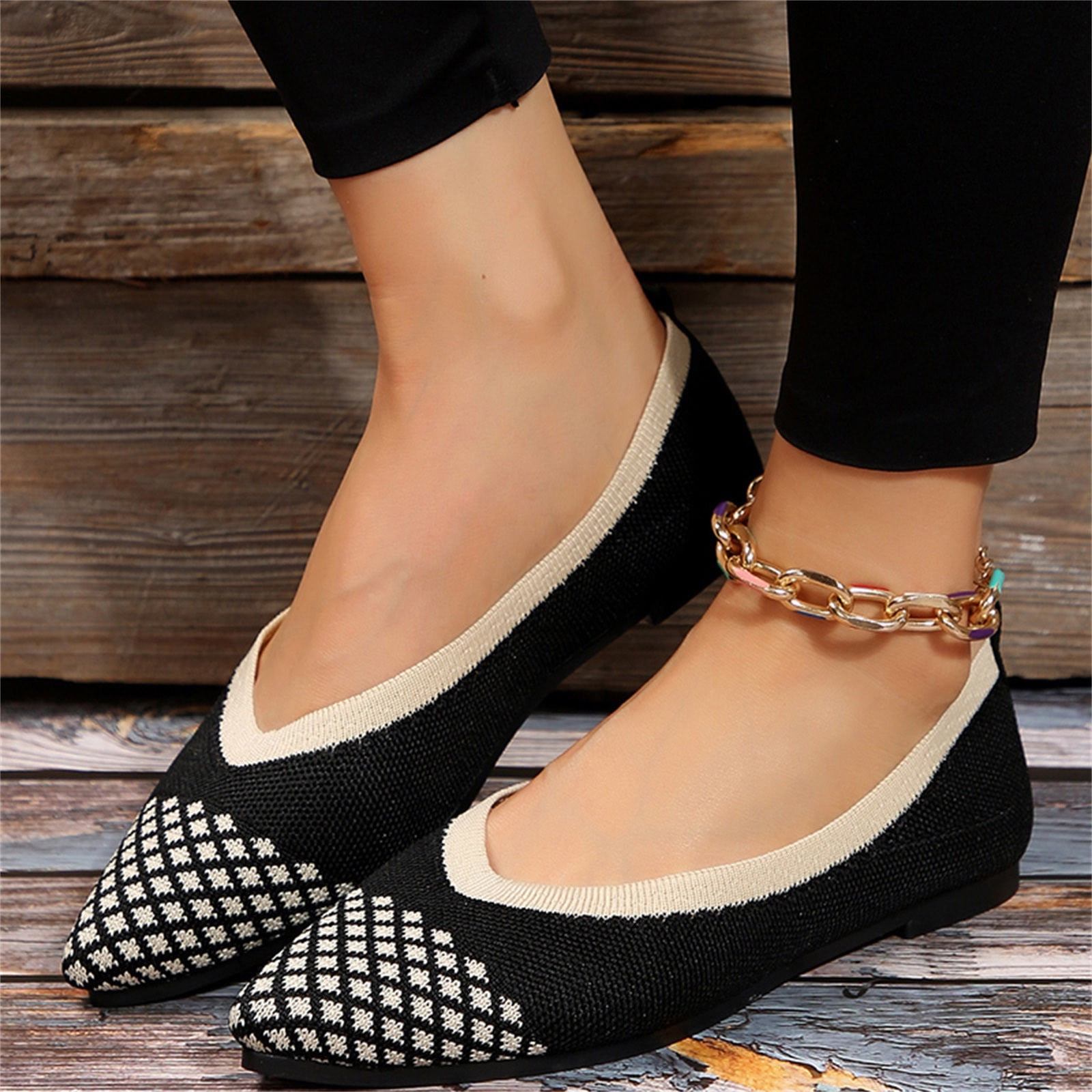 ZTTD Ladies Casual Pointed Toe Fly Woven Striped Shallow Mouth