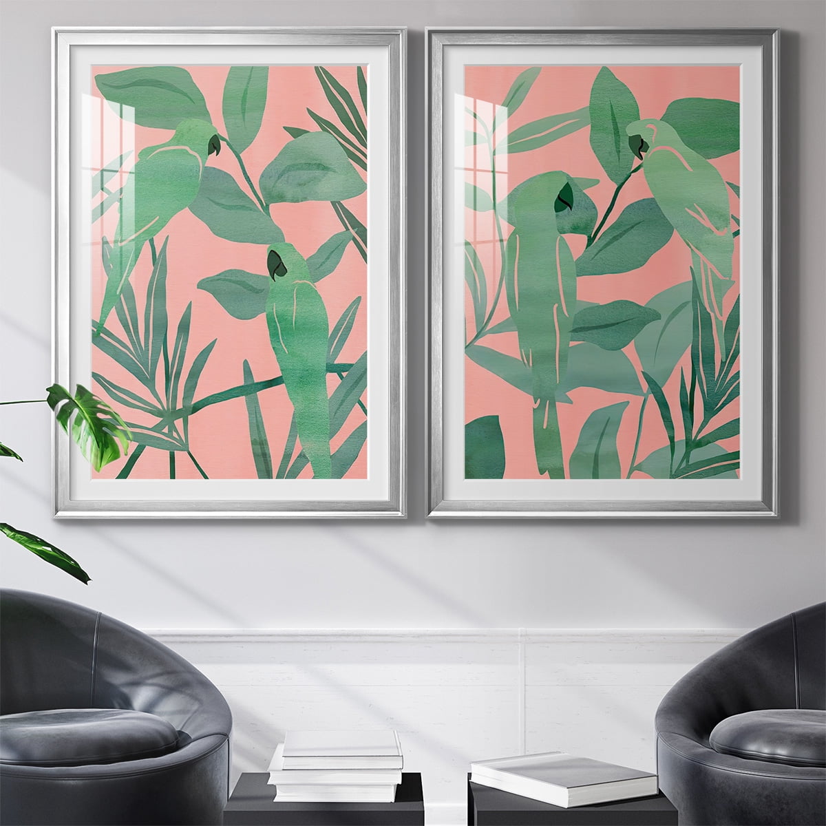 Wexford Home Pink and Green Birds of Paradise I Premium Framed Print, 26.5" x 36.5" - Ready to Hang, Silver (Set of 2)
