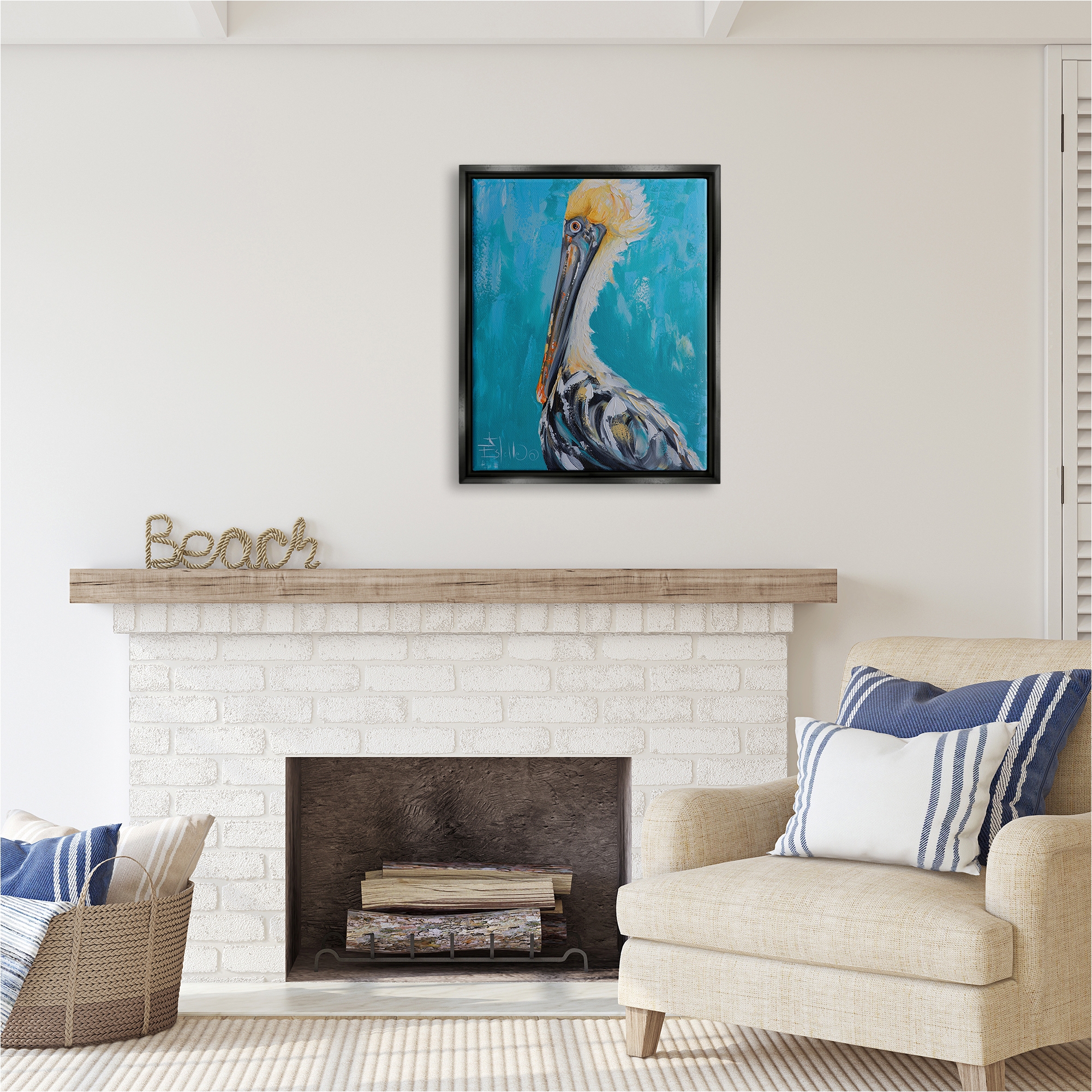 Stupell Industries Blue Pelican Painting Animals & Insects Painting Black Floater Framed Canvas Art Print Wall Art, 25 x 31