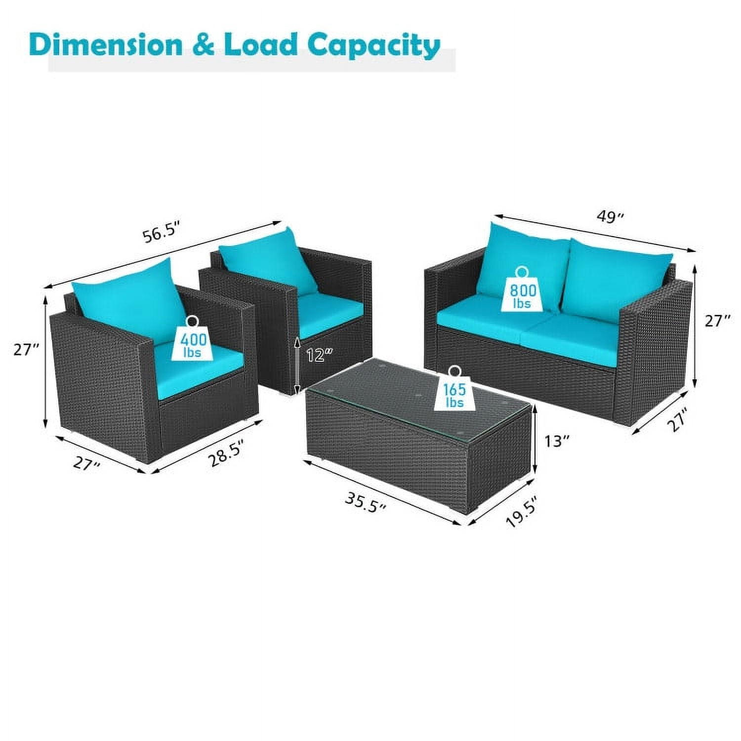 Aimee Lii 4 Pieces Patio Rattan Conversation Set, Small Patio Set with Padded Cushion and Tempered Glass Coffee Table, Turquoise Aimee Lii 4 Pieces Patio Rattan Conversation Set, Small Patio Set with Padded Cushion and Tempered Glass Coffee Table, Turquoise