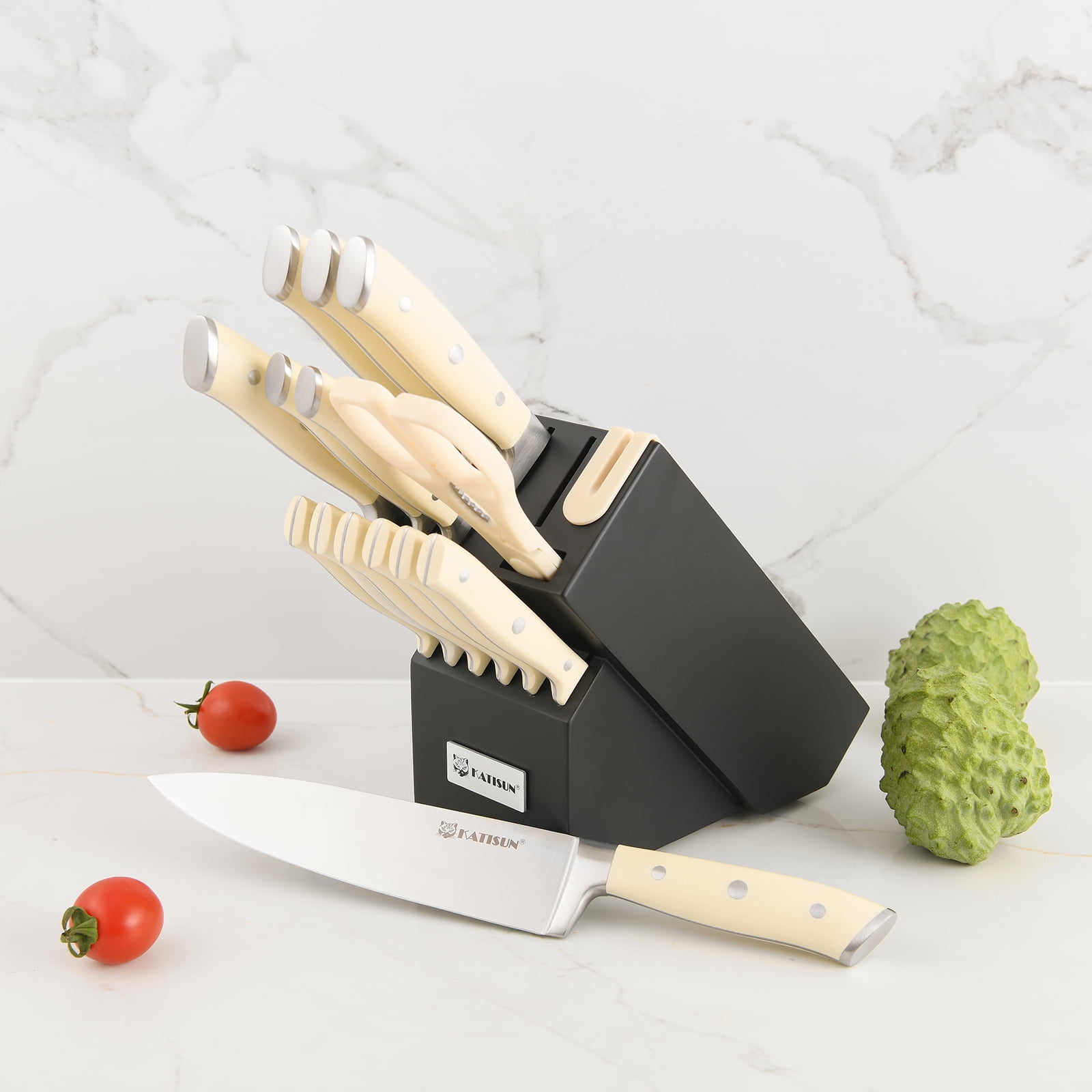 16 Piece High Carbon Steel Knife Set With Block, ABS Ergonomic Handle Chef Knives, Sharpener and Shears for Chopping