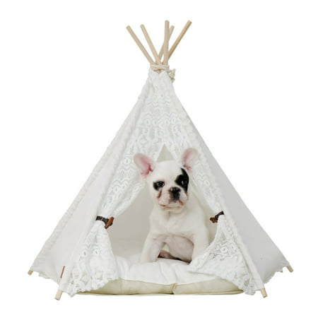 little dove Pet Teepee Dog(Puppy) & Cat Bed - Portable Pet Tents & Houses for Dog(Puppy) & Cat Beige Color 24 Inch (with or without optional cushion) 28 Inch Teepee with