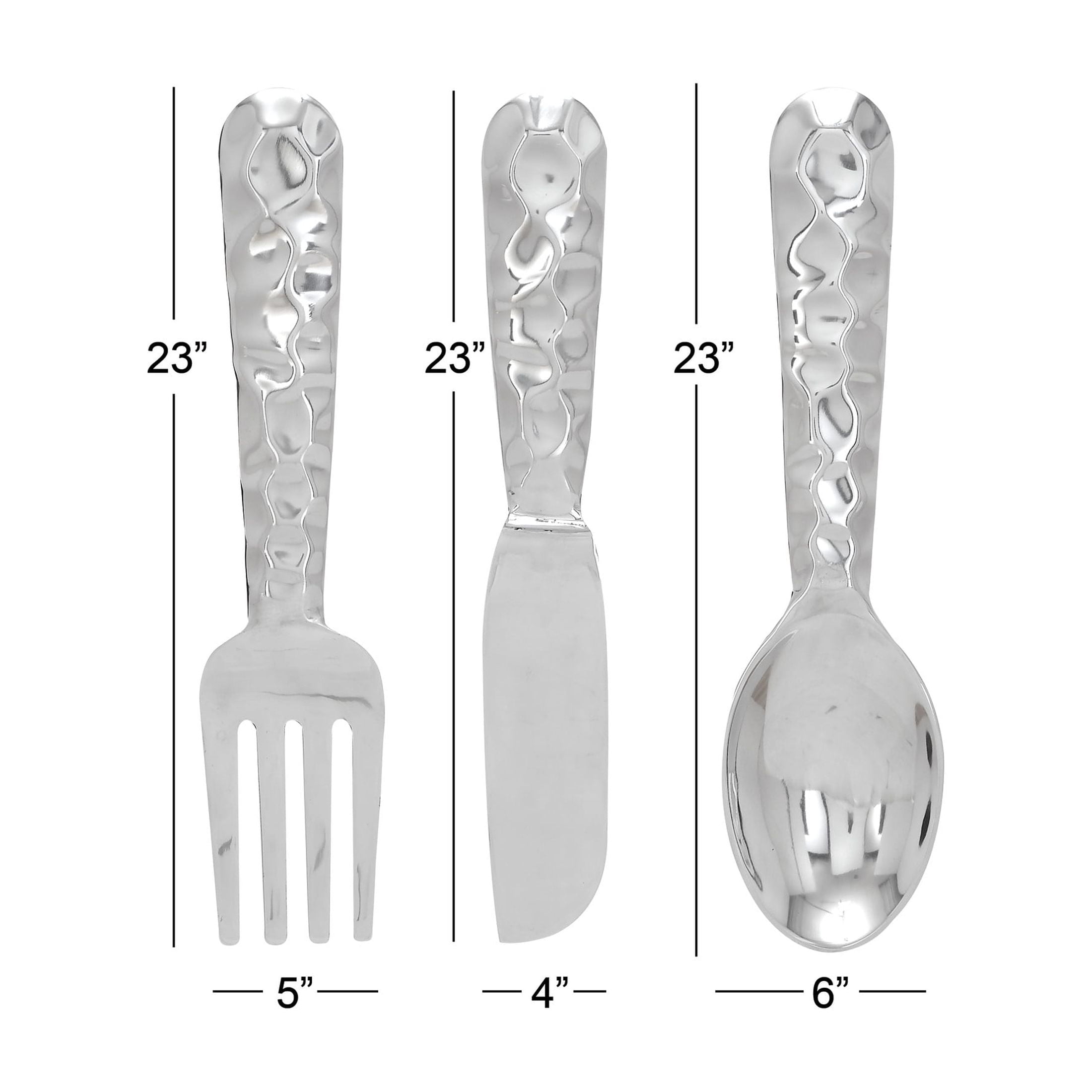 DecMode Silver Aluminum Metal Hammered Knife, Spoon and Fork Utensils Wall Decor (3 Count)