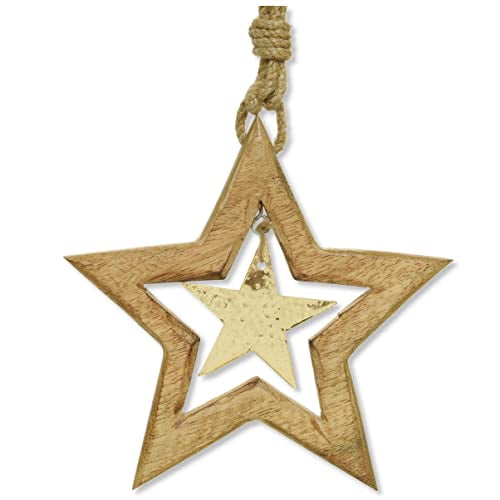 Mango Wood Gold Star Ornament for Christmas Tree Decoration, Large 7"