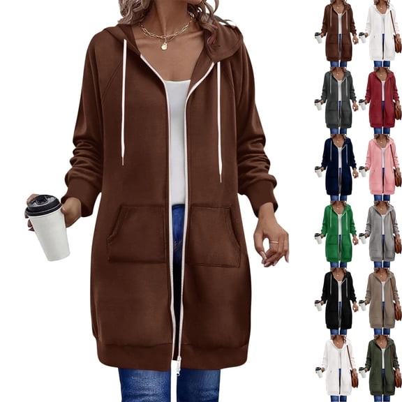 bbyeadc Brown Long Hoodies for Women Oversized Womens Zip Up Hoodie Casual Lightweight Long Tunic Sweatshirts Fashion Fleece Hoodie Hooded Sweatshirt with Pockets, Coffee L