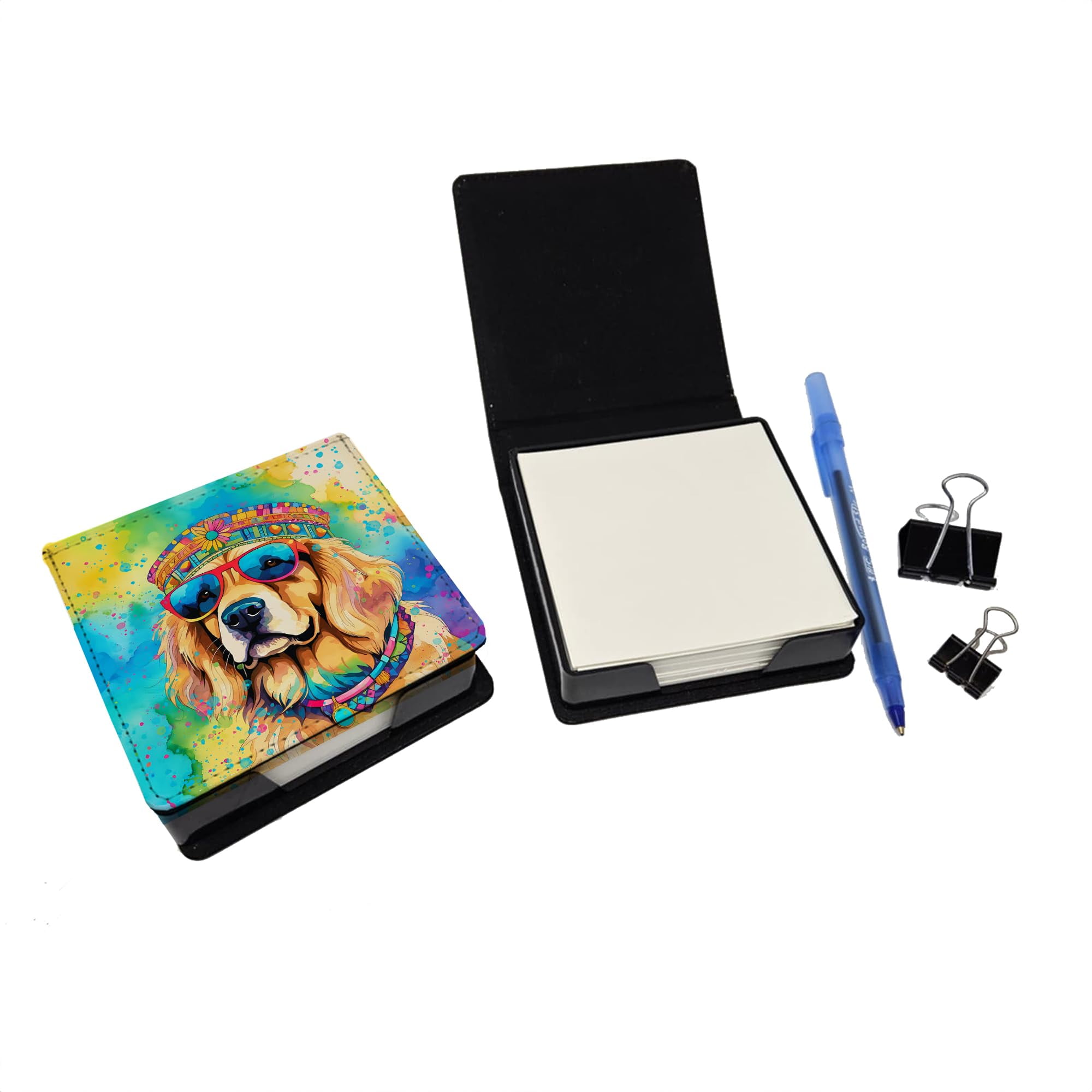 Caroline's Treasures Golden Retriever Hippie Dawg PU Leather Note Paper Holder with Artist-Designed Cover, Desk Accessory, Office Gift