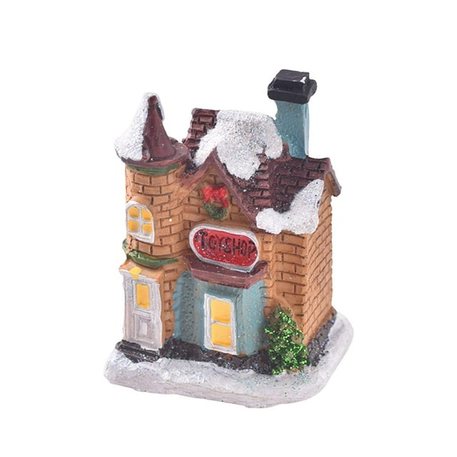 Estatua de casa iluminada, luz, pueblo, miniatura, resina, decoración navideña, jardín Estilo A
