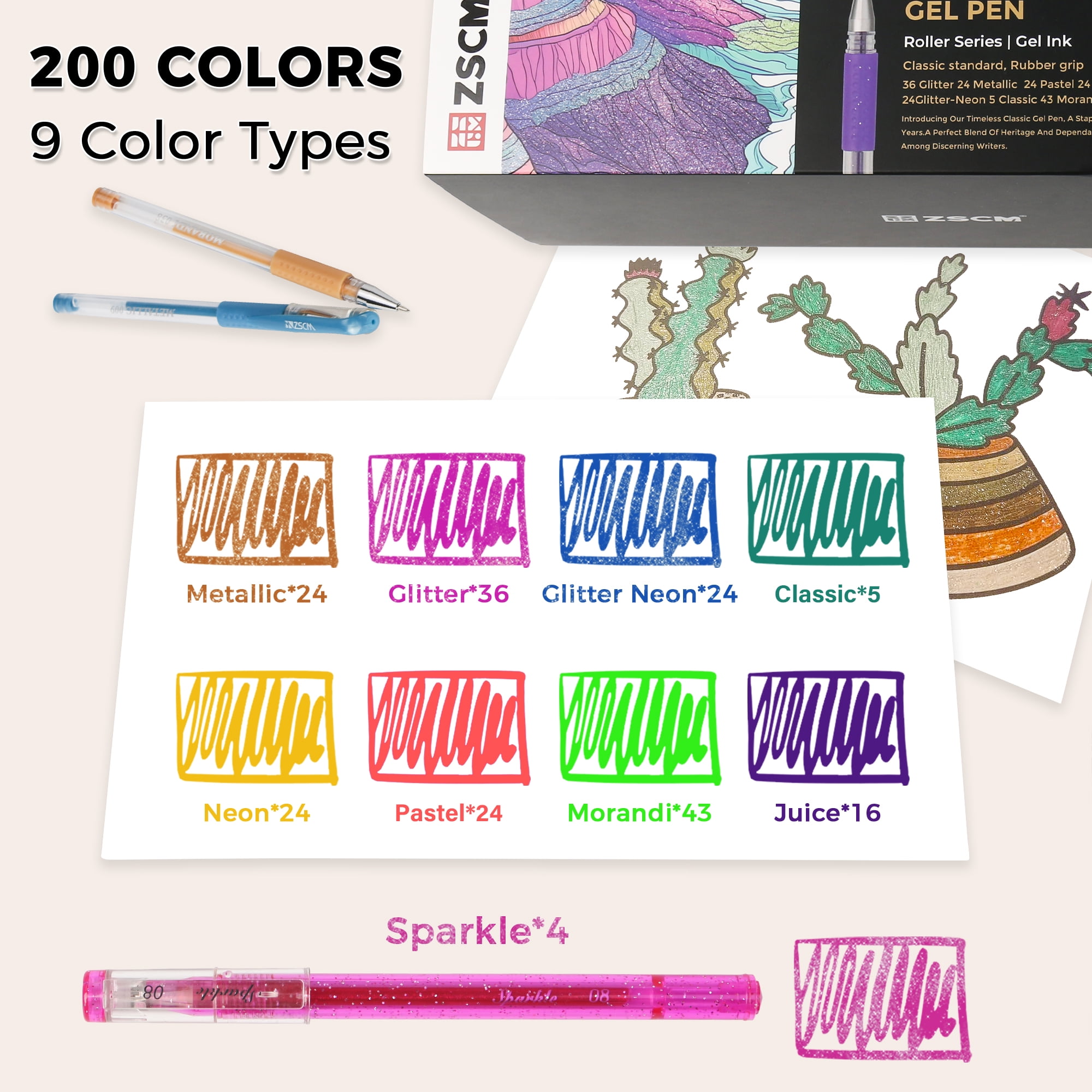 ZSCM, Gel Pens Set, 60 Colors, 60 Refills, Canvas Carry Case
