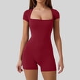 thumbnail image 2 of NMMUED Women's Short Sleeve Bodycon Romper Stretchy Square Neck Unitard Jumpsuit Red L, 2 of 8