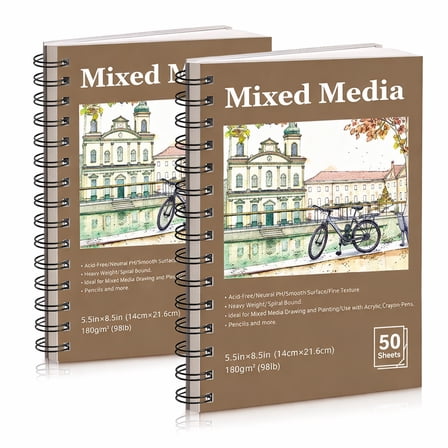 2 Pack Mixed Media Sketchbook, 5.5x8.5 inches Drawing Paper, 98lb/160gsm Heavyweight Spiral Bound Sketch Pads