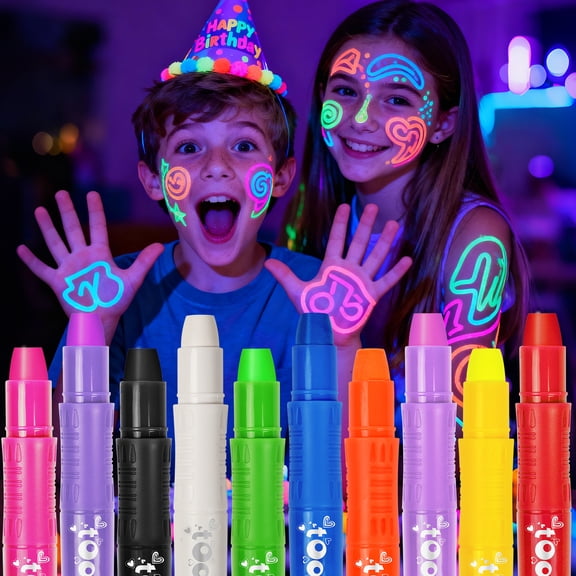10 Glow in the Dark Face Paint Sticks under UV Light, Washable Neon Body Paint Crayons for Kids, Mess-Free Black Light Paint for Glow Party Supplies Halloween Makeup Cosplay Trendy Gifts