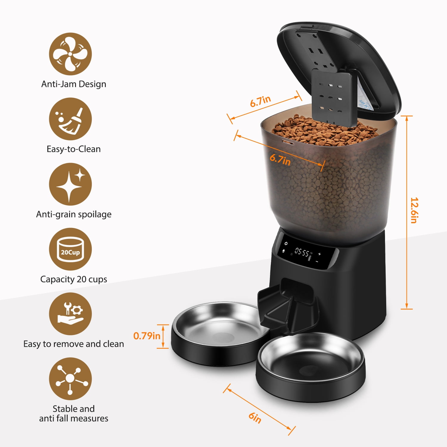 Automatic Cat Feeders for Two Cats, 5L/20 Cups Double Automatic Cat Food Dispenser with 2 Stainless Bowls, Timer Setting 20 Portions 6 Meals Per Day, 10s Meal Call, Pet Feeder for Cat