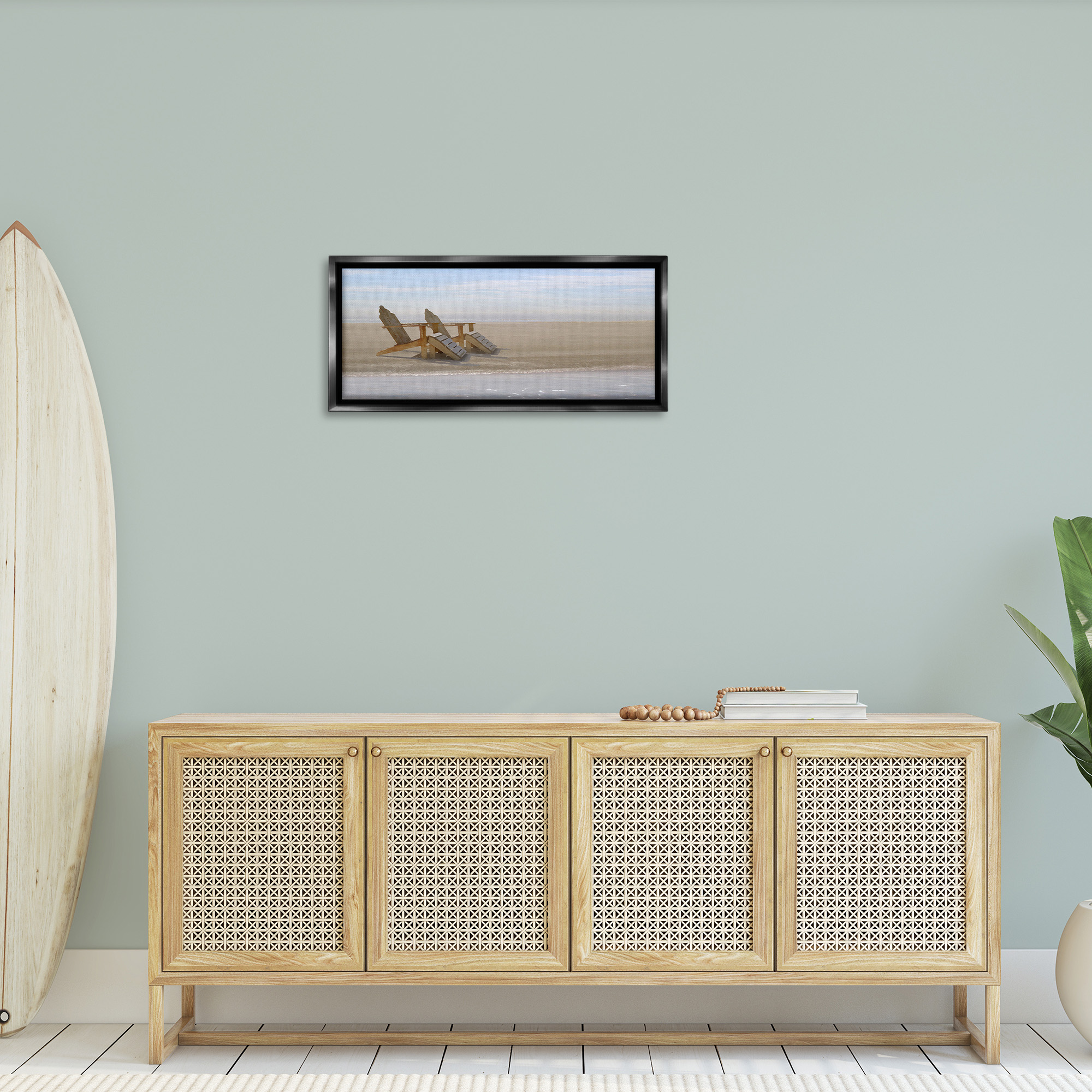Stupell Industries Beach Chairs by Shore Landscape Photography Black Floater Framed Canvas Art Print Wall Art, 31 x 14