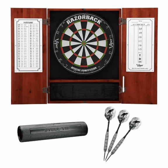 Viper Metropolitan Cinnamon Steel Tip Dartboard Cabinet, Viper Razorback Sisal Dartboard, Viper Underground Raven Steel Tip Darts 25 Grams, and Viper Vinyl Dart Mat