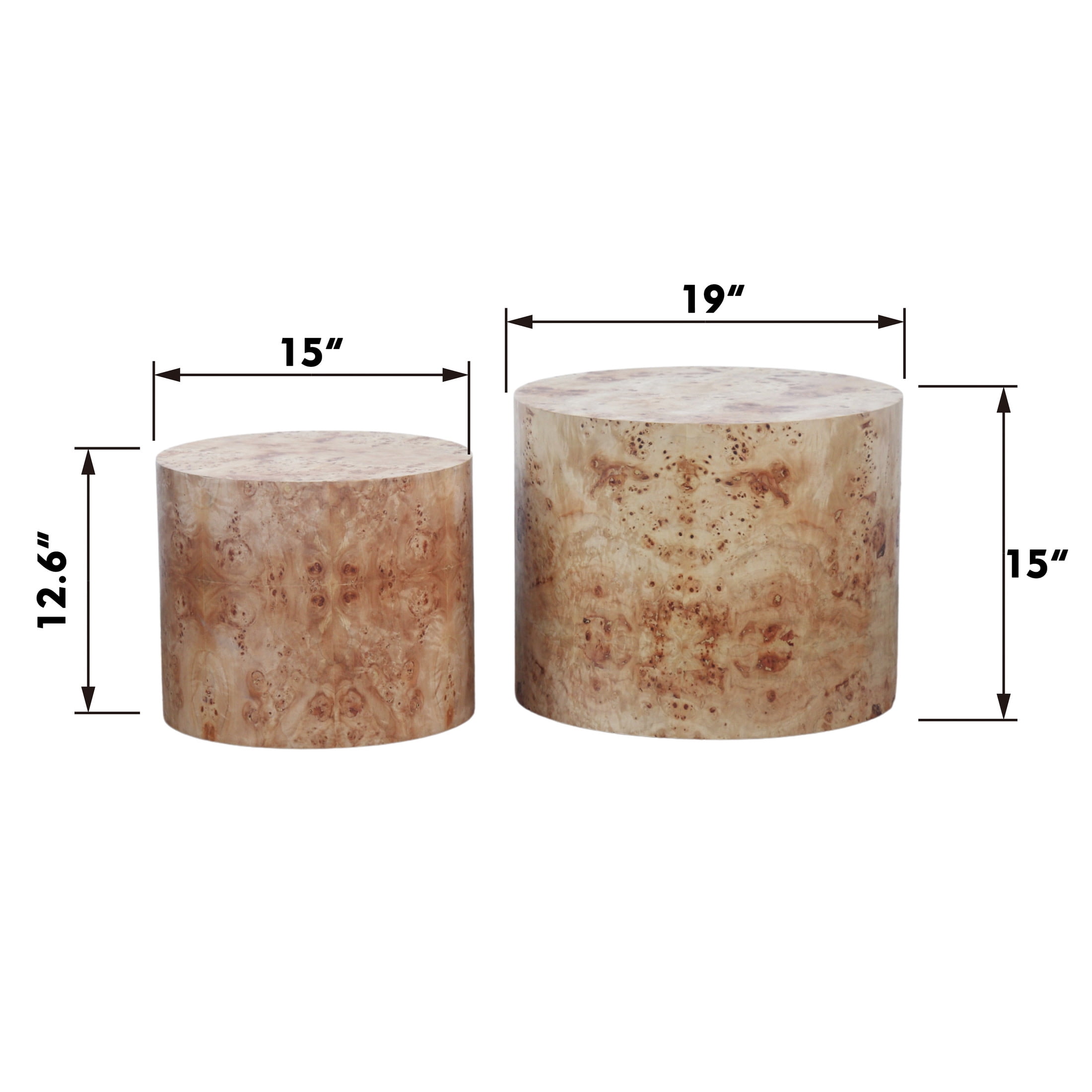 Noble House Nesting Coffee Tables, Burl Round Accent Tables for Living Room, Bedroom, Office, Natural, Set of 2